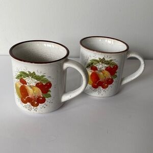 Vintage speckled oatmeal glazed ceramic stoneware mugs fruit design set of 2